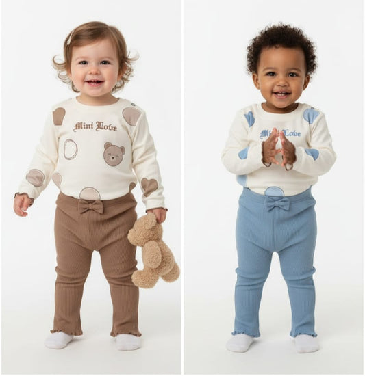 Mini Love Bear Print Top & Bow Leggings Set – 9M to 3Y