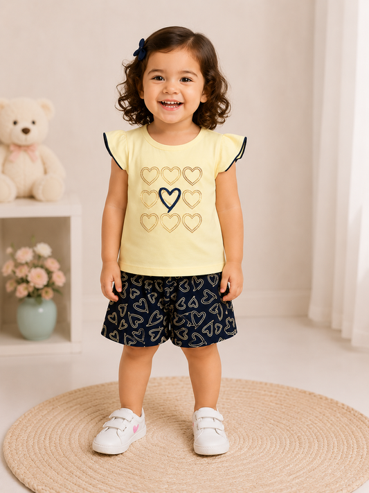 Heart Print Flutter Tee & Shorts Set