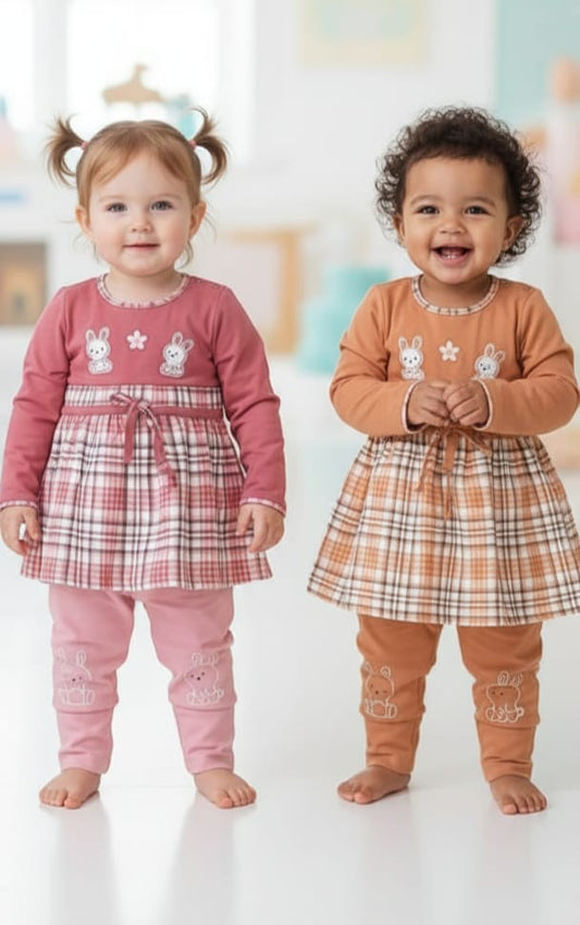Baby Girls Bunny Embroidered Check Dress with Leggings – Pack of 2 (1M to 1Y)