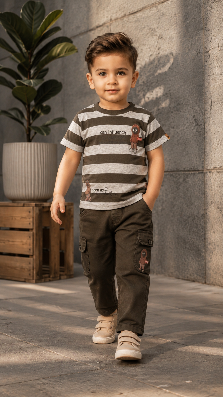 Striped Monkey Print Tee & Cargo Pants Set