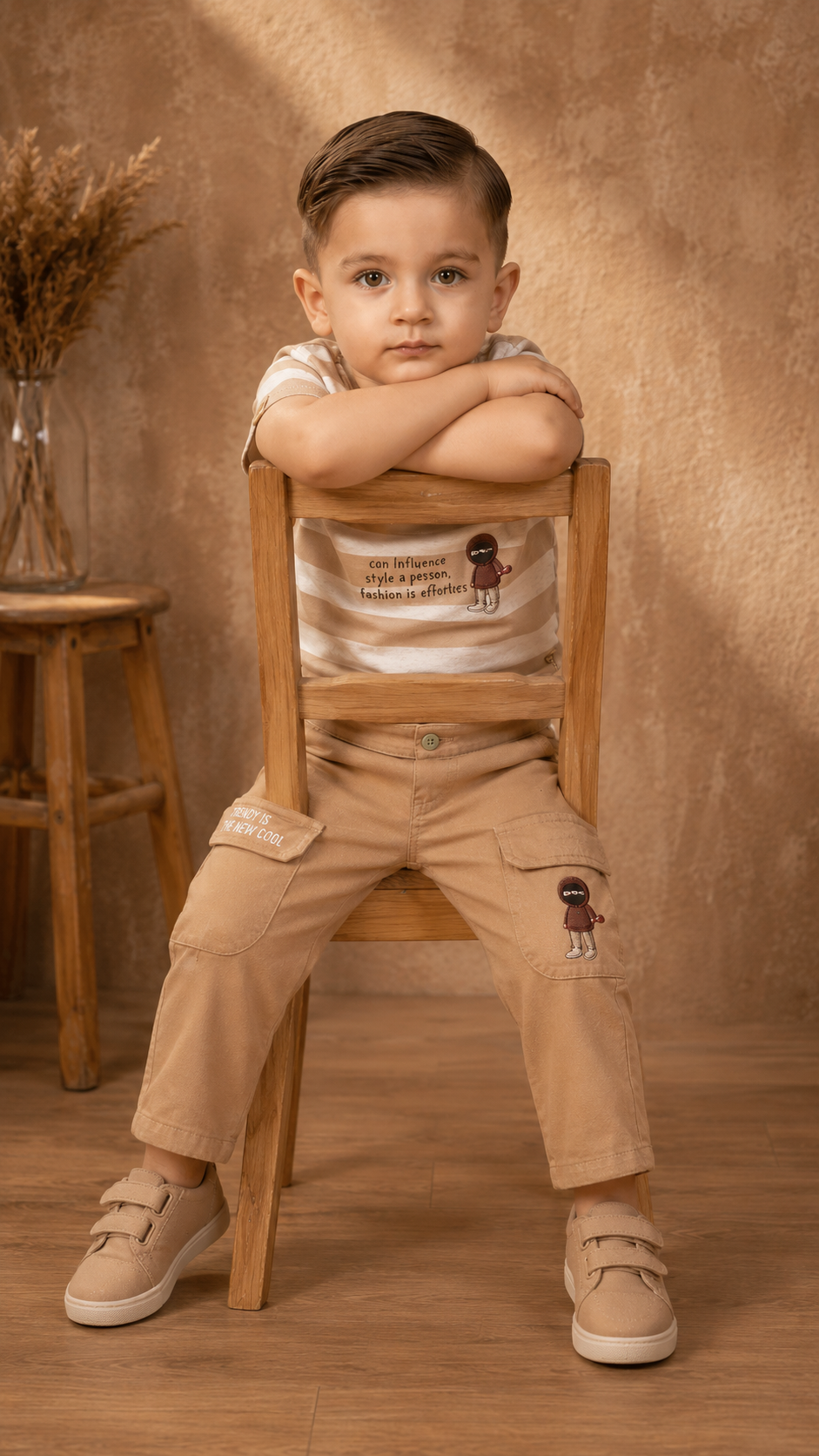 Striped Monkey Print Tee & Beige Cargo Pants Set
