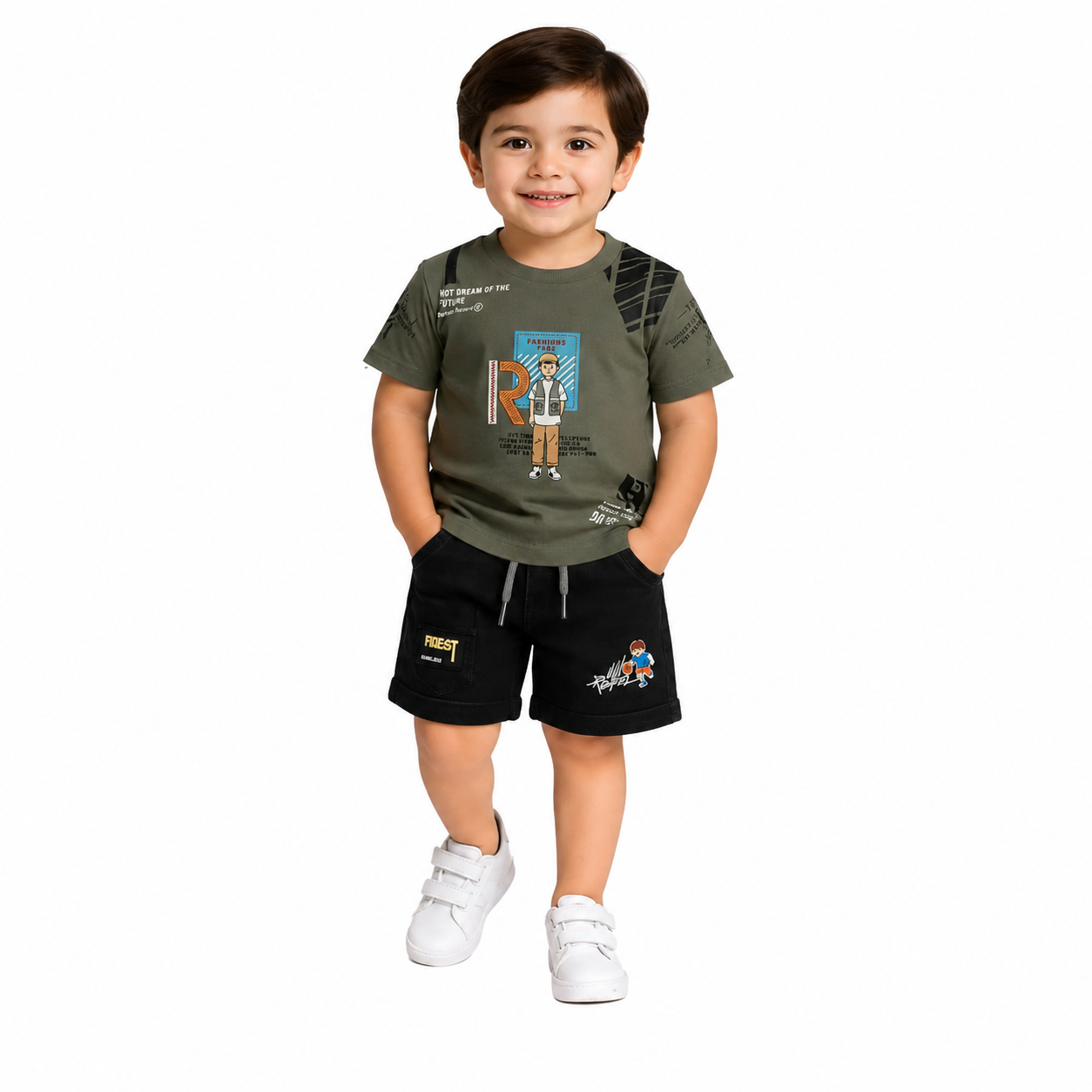 Boys Olive Printed T-Shirt & Black Shorts Set