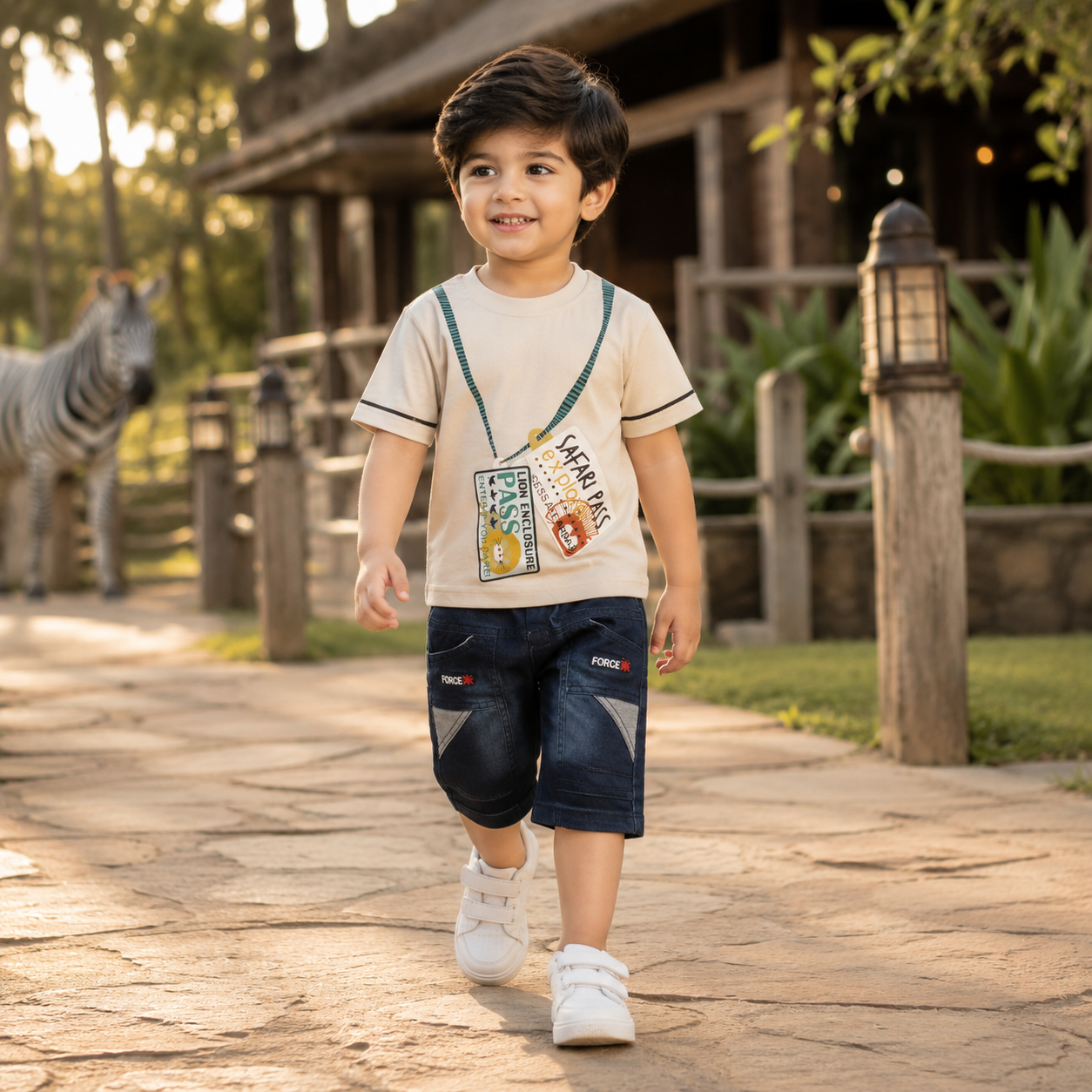 Cream Safari Print T-Shirt & Navy Denim Shorts Set