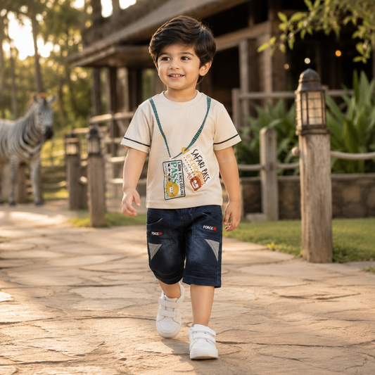 Cream Safari Print T-Shirt & Navy Denim Shorts Set