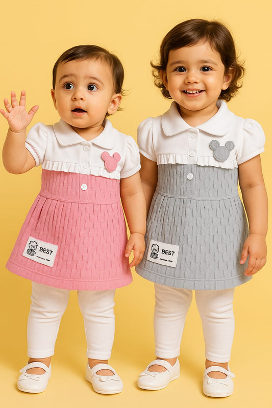 Baby Girl Collared Dress Set – Pink & Grey