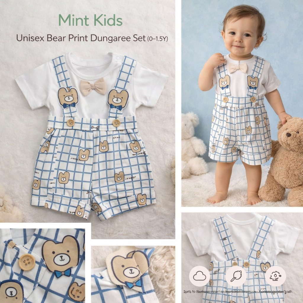 Unisex Bear Print Dungaree Set (0–1.5Y)