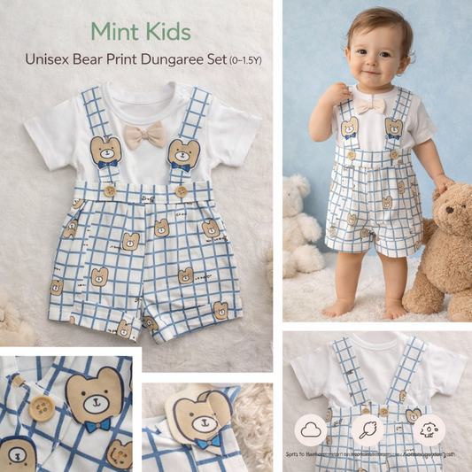 Unisex Bear Print Dungaree Set (0–1.5Y)