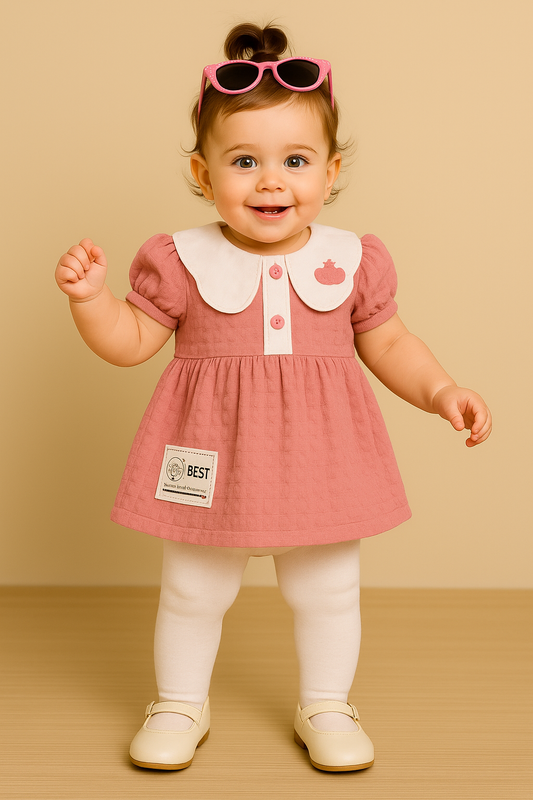 Baby Girl Peter Pan Collar Dress Set – Rose Pink & Olive Green |