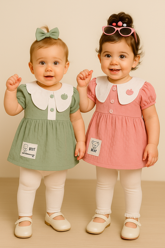 Baby Girl Peter Pan Collar Dress Set – Rose Pink & Olive Green |