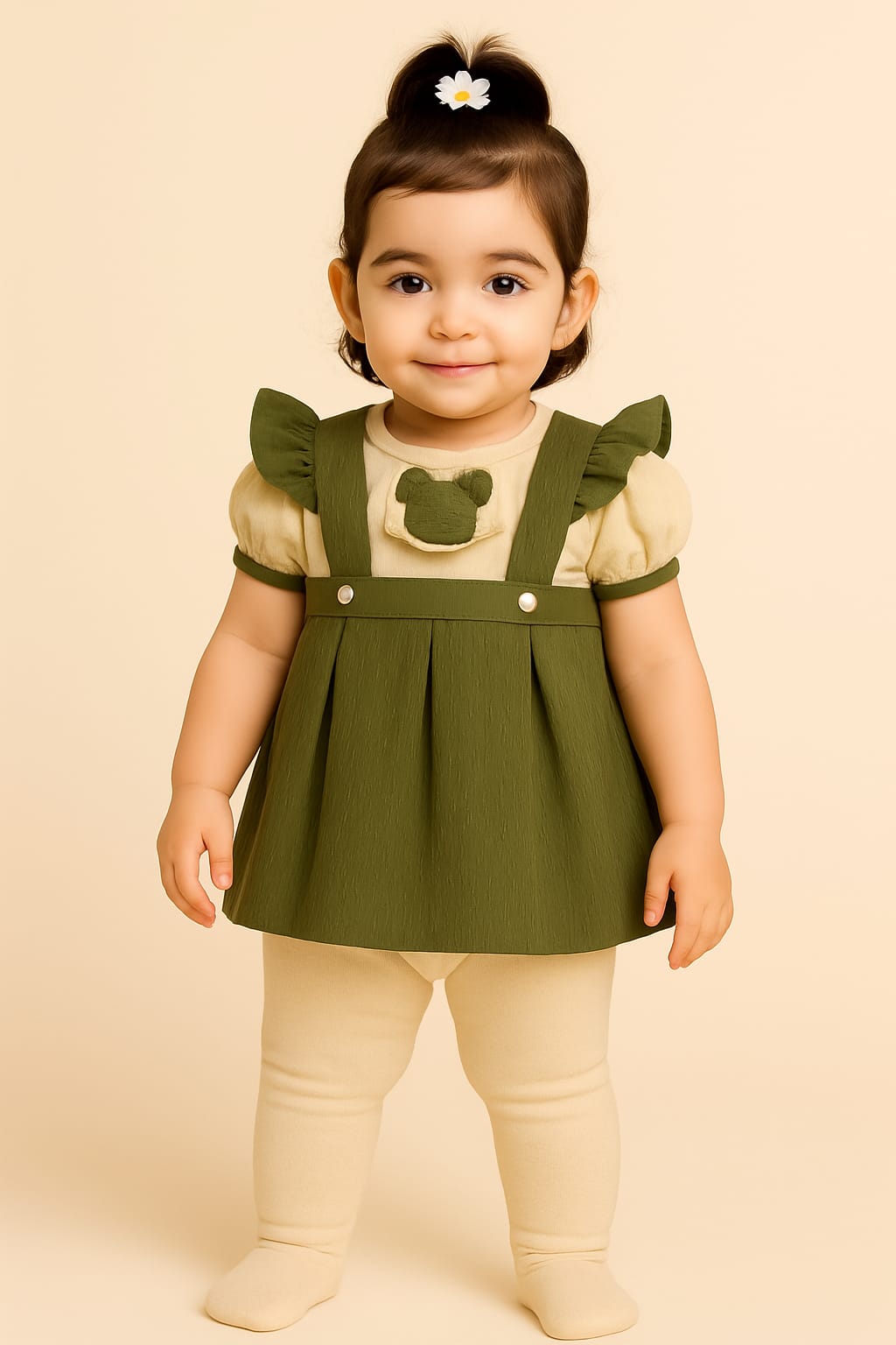 Teddy Suspender Frock Set – Brown & Olive