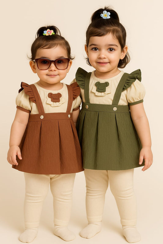 Teddy Suspender Frock Set – Brown & Olive