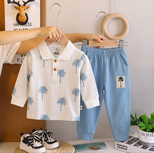 Palm Tree Polo Coord Set - Blue