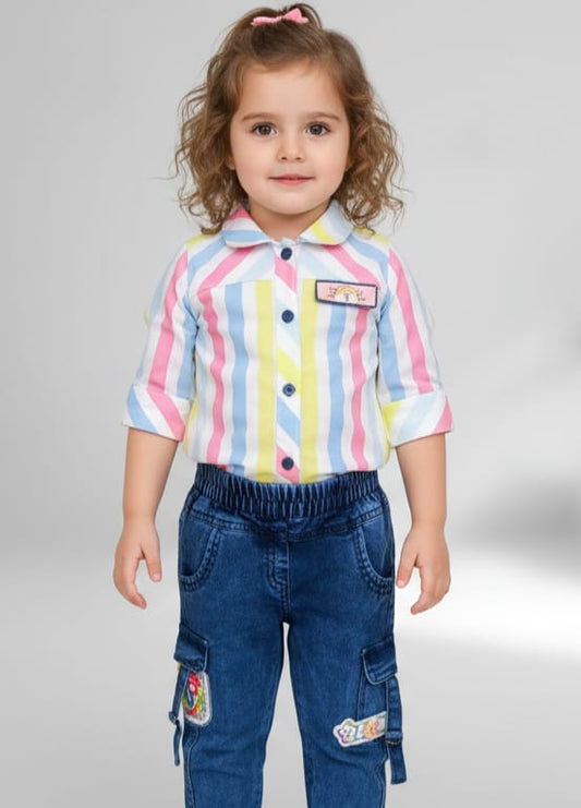 Kids Striped Shirt & Denim Cargo Pants Set – 3Y to 13Y