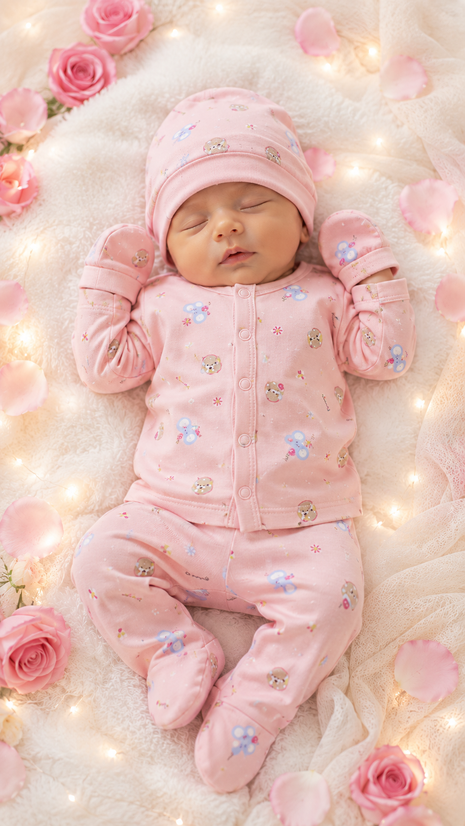 Pink Teddy Bear Print Shirt, Pant & Cap Set