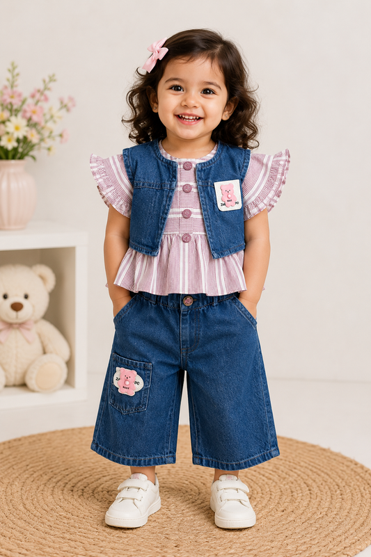 Bear Patch Denim Vest & Wide Leg Shorts Set
