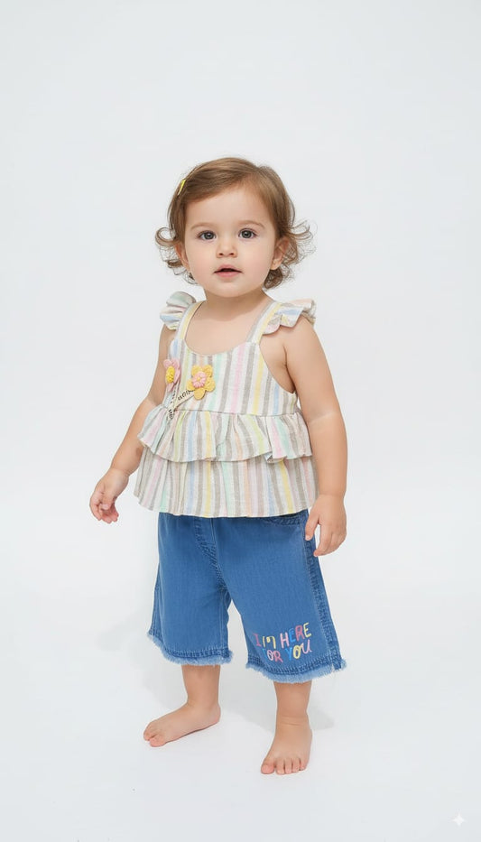 Striped Baby Top with Denim Shorts – 6 Months to 1 Year
