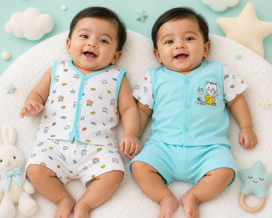 Newborn Baby Jhabla & Shorts Combo Pack of 2 | Aqua Blue Cat Print | 0-12 Months