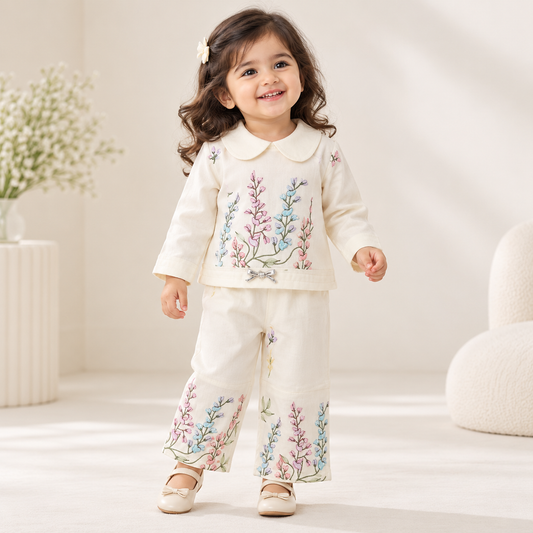 Girl wearing cream collared top and wide-leg pants with pastel floral designs