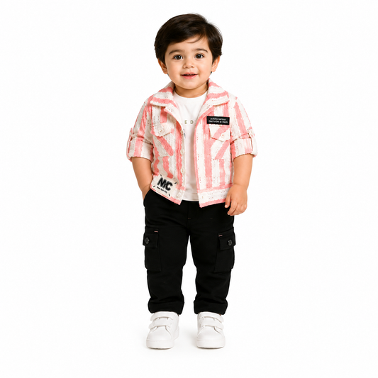 Boys Pink Striped Jacket Top & Black Full Pant Set