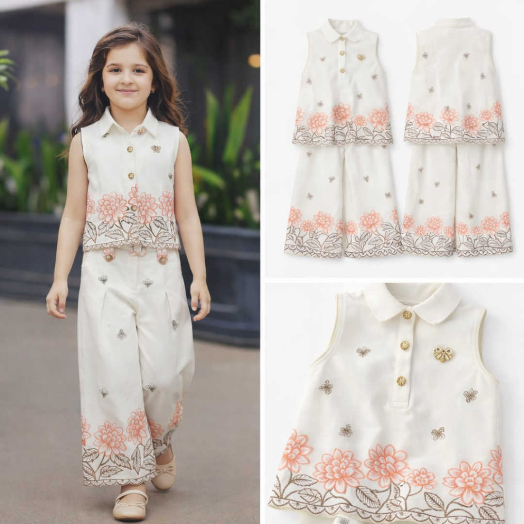 Girls Off-White Floral Embroidered Top & Pant Set
