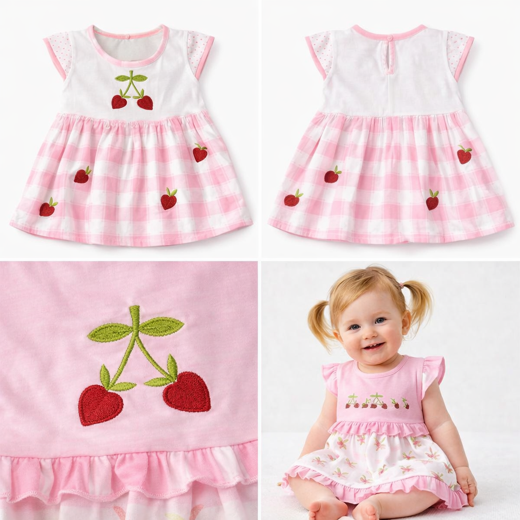Girls Pink Checkered Cotton Frock with Cherry Embroidery (Soft Summer Wear)