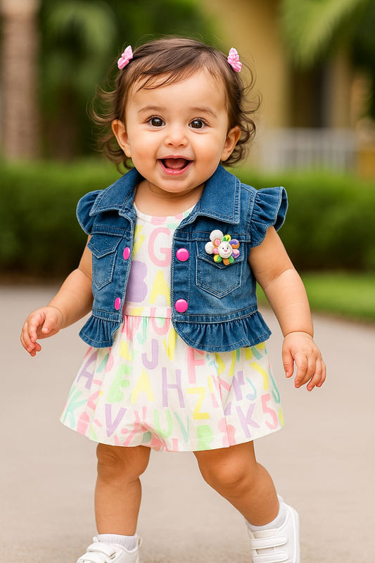 Alphabet Print Frock with Denim Jacket – Baby Girl Outfit