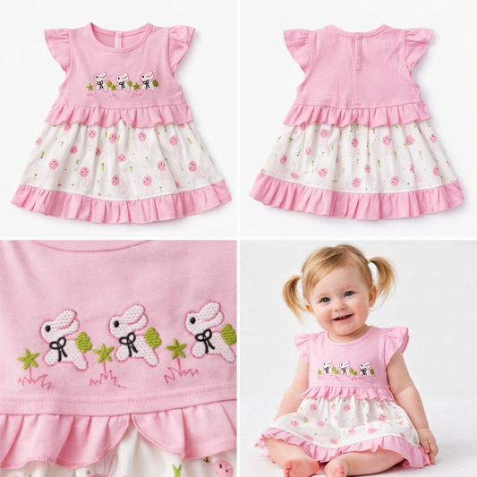 Pink and white dress with bunny design on a white background