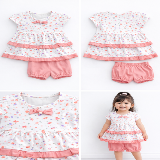 Girls Floral Printed Top with Bloomers Set (Frill Design)