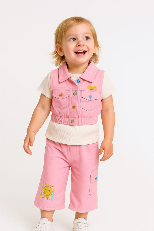 Girls’ Smiley Co-ord Set – Pink & Olive Green