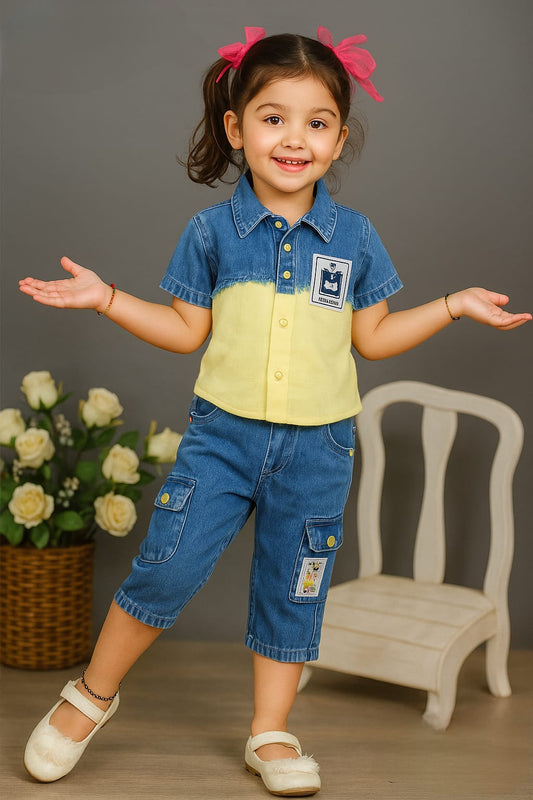 MintKids Girls’ Yellow & Blue Denim Cargo Co-ord Set | 4Y–11Y