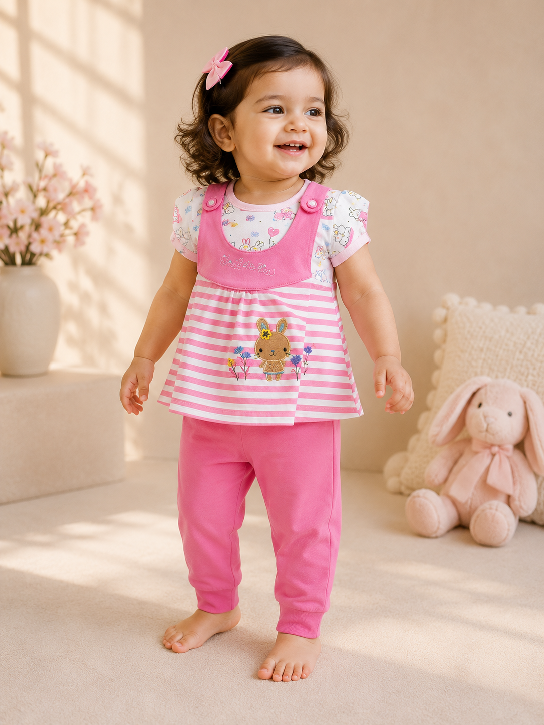 Bunny Garden Dungaree Top & Pink Leggings Set