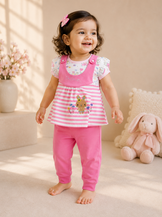 Bunny Garden Dungaree Top & Pink Leggings Set