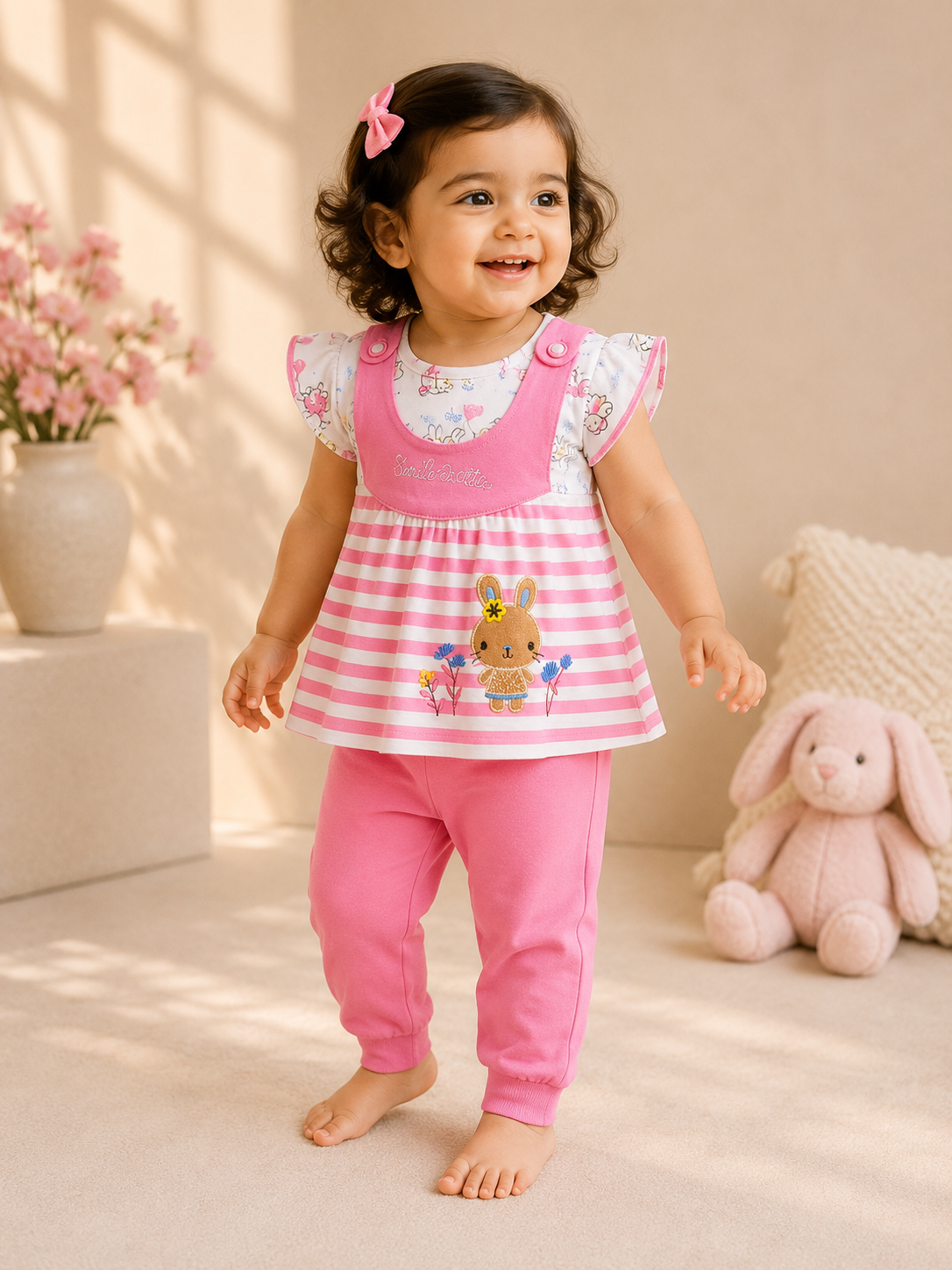 Bunny Garden Flutter Sleeve Top & Pink Leggings Set