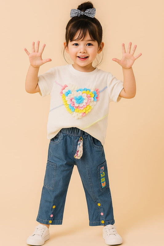 Floral Heart Top & Denim Cargo Pant Set