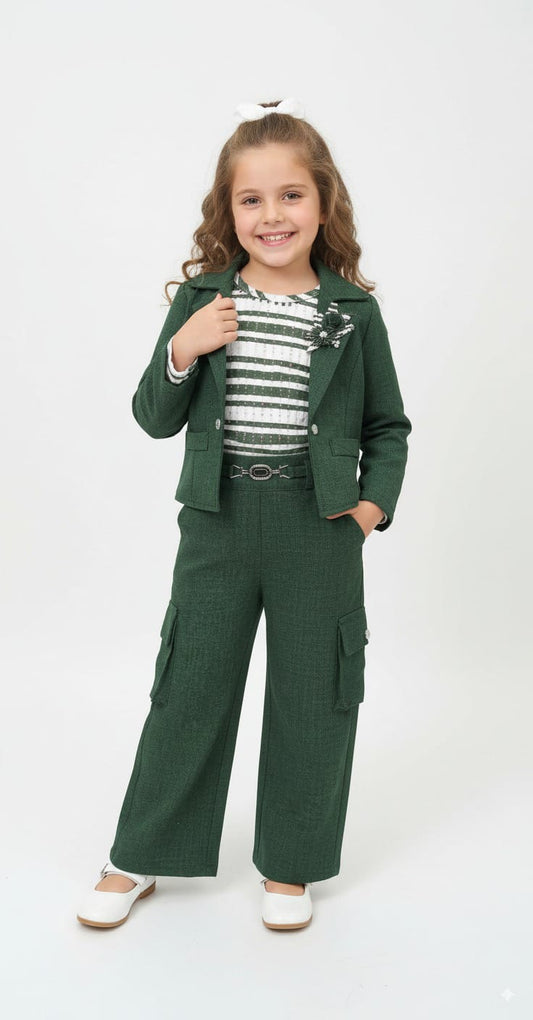 Girls Green Blazer & Wide-Leg Pant Set (4–12 Years)