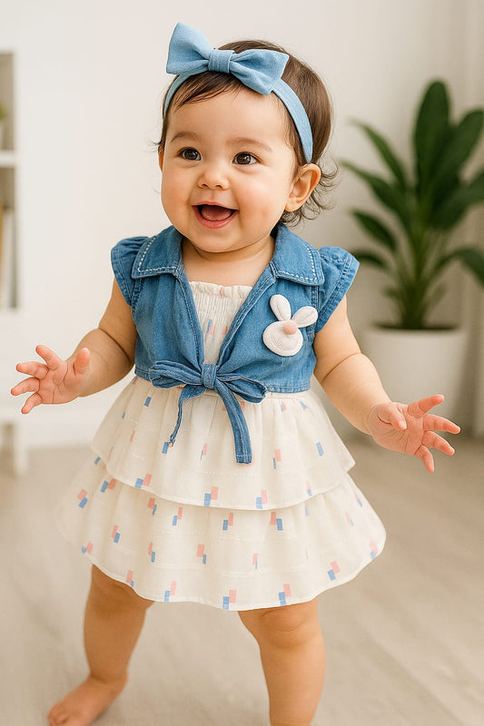 Baby Girl Denim Vest Layered Dress with Bunny Patch