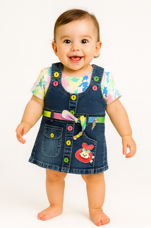 Denim Dungaree Dress with Colorful Buttons