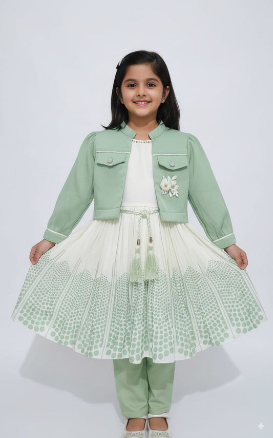 Elegant Green & White Jacket Dress Set – 4 to 12 Years