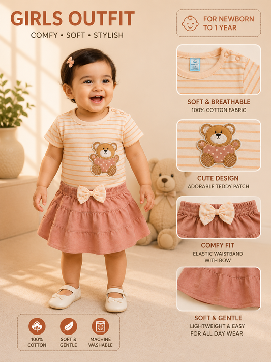 Teddy Bear Patch Striped Top & Dusty Pink Tiered Skirt Set