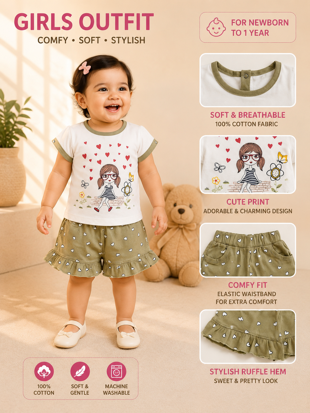 Doodle Girl Graphic Top & Olive Heart Print Ruffle Shorts Set