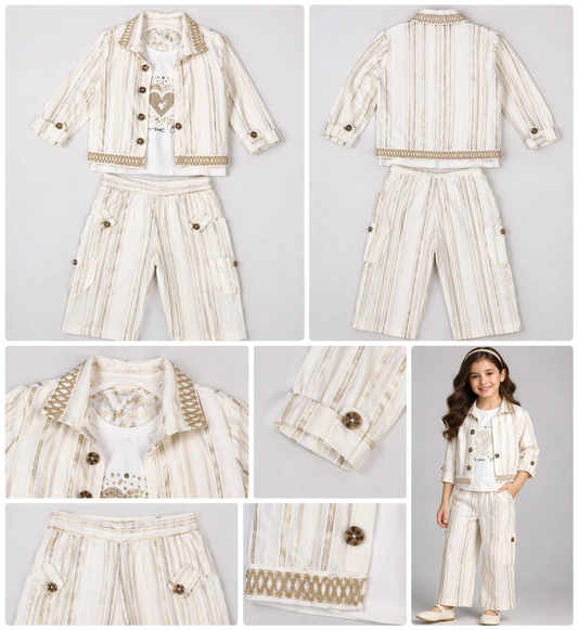 Girls Cream Stripe Shirt T-Shirt & Pant Set