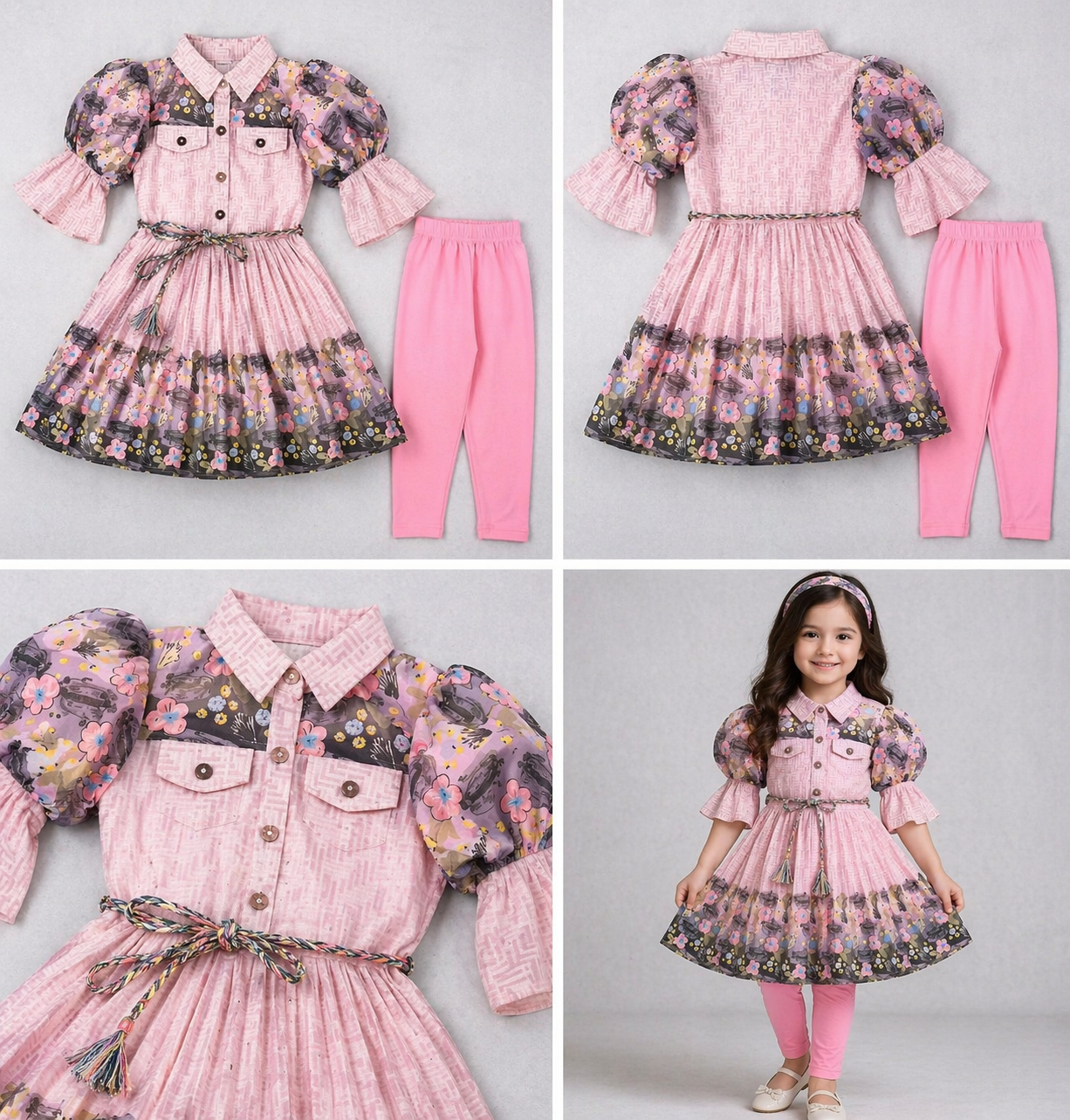 Girls Pink Printed Knee-Length Dress with Leggings