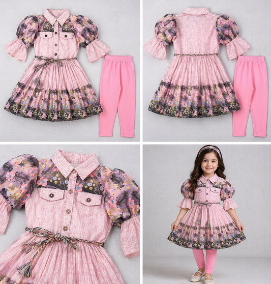 Girls Pink Printed Knee-Length Dress with Leggings