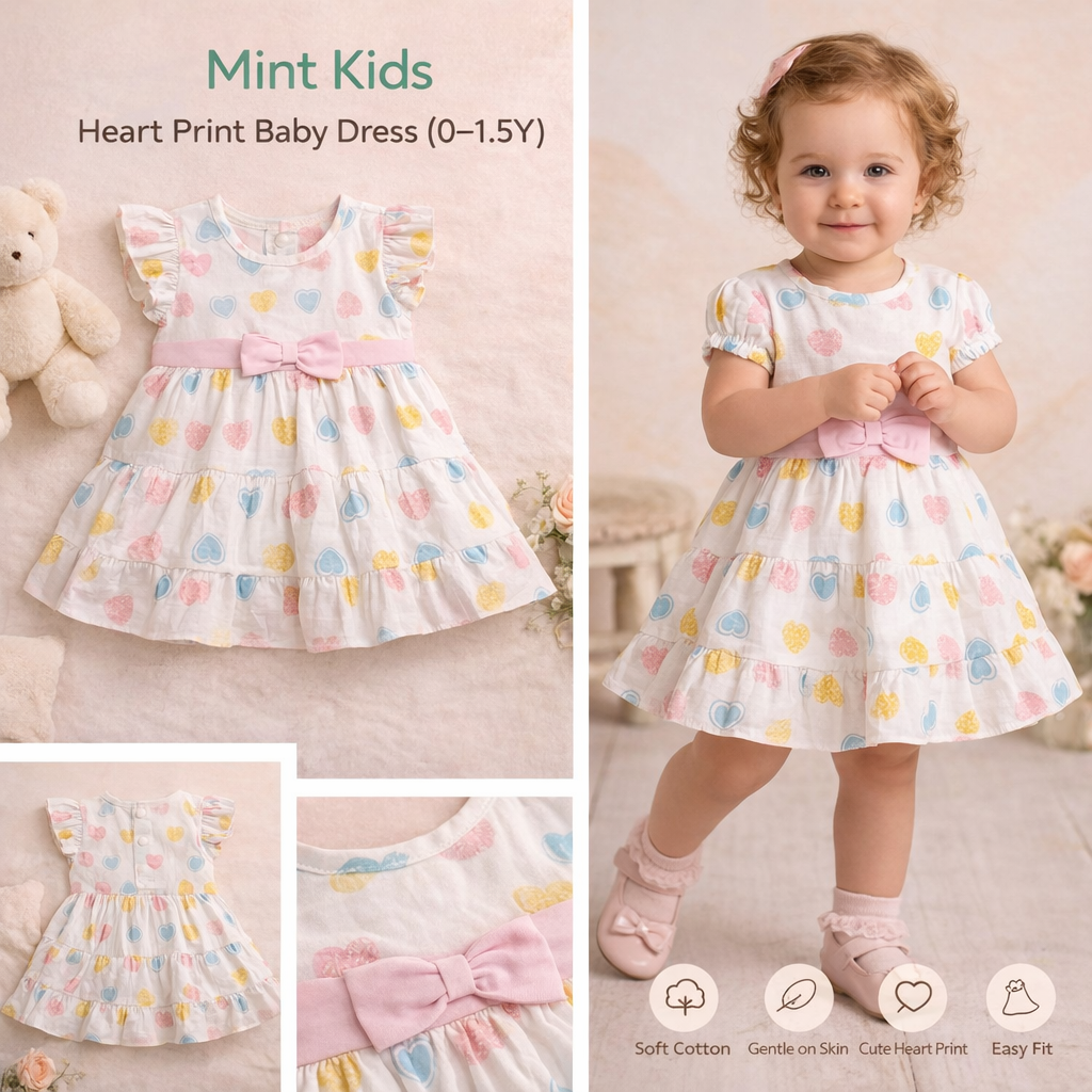 Mint Kids Heart Print Baby Dress (0–1.5Y)