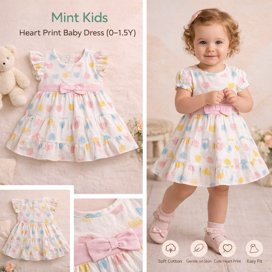 Mint Kids Heart Print Baby Dress (0–1.5Y)