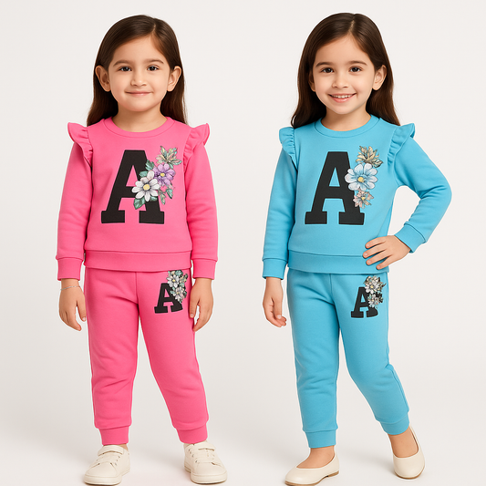 Floral Monogram Sweatshirt & Jogger Set – Blue & Pink