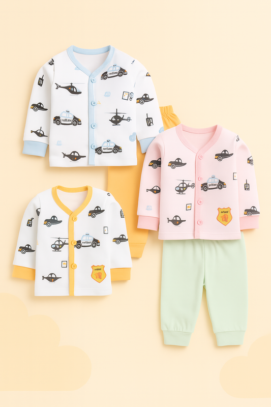 🚓 Newborn Police Patrol Cotton Set – Soft Front-Open Baby Night Suit
