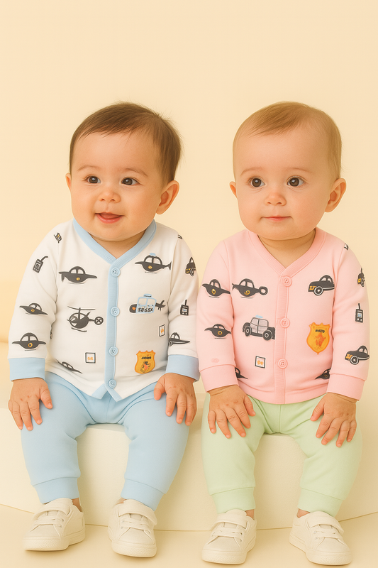 🚓 Newborn Police Patrol Cotton Set – Soft Front-Open Baby Night Suit