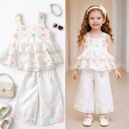 Girls White Lace Top with Culottes Set (Pastel Floral Detailing)