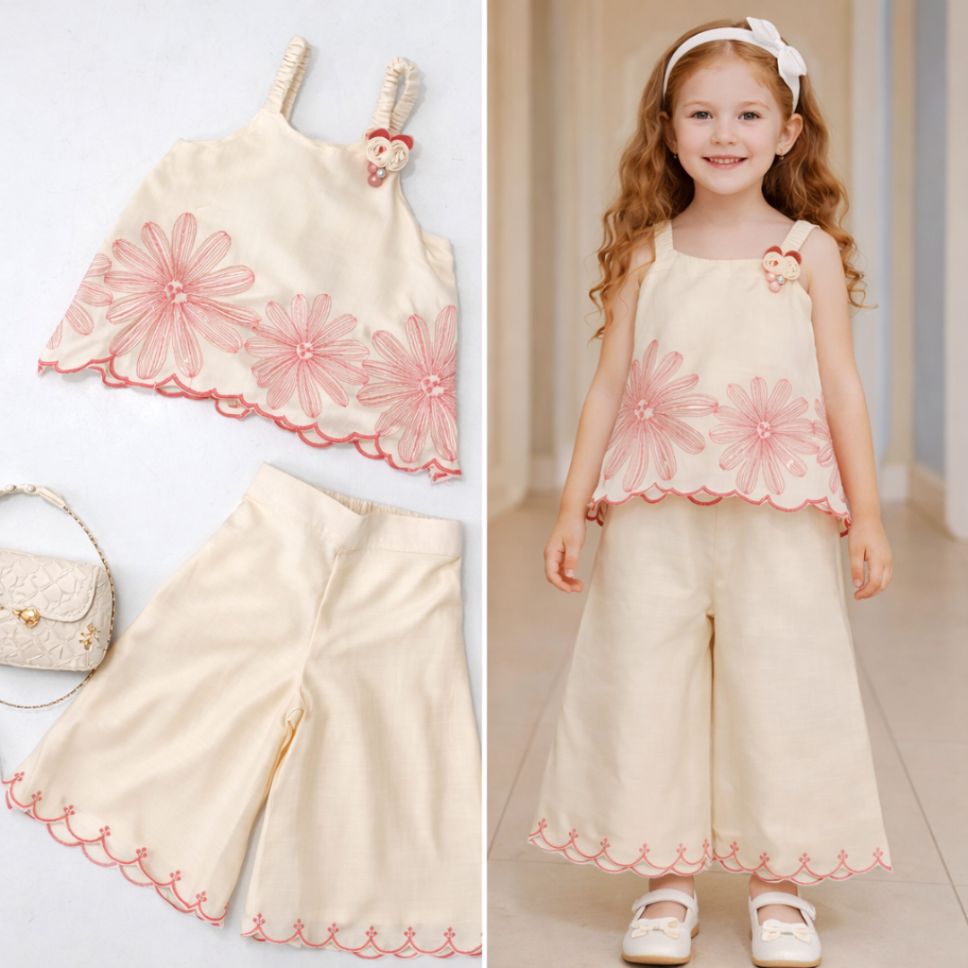 Girls Cream Floral Embroidered Top with Culotte Set